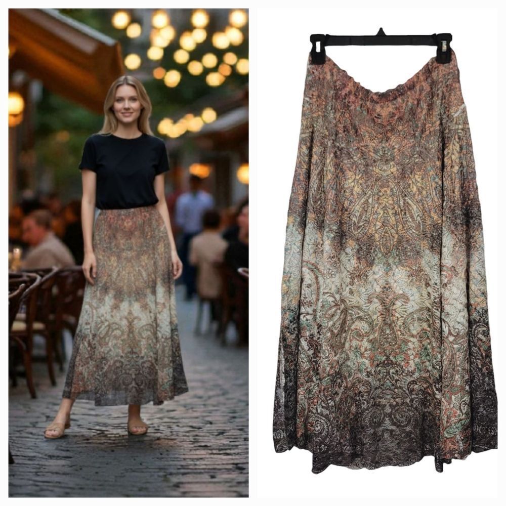 Reba Bohemian Southwestern Paisley Printed Lace Midi Skirt in Natural Size Large